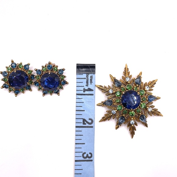 Florenza Signed Vintage Blue Green Textured Gold Tone Pin Brooch Earrings Set - Picture 7 of 9